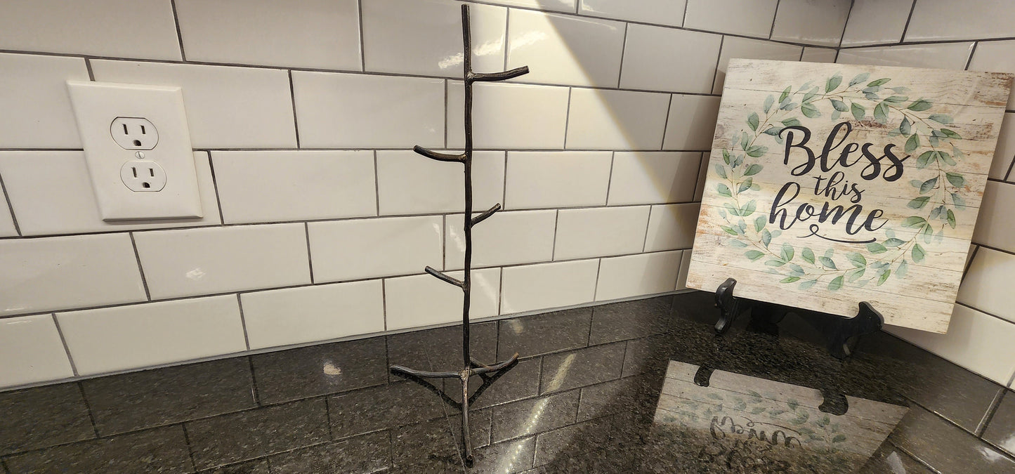 Hand-Forged Coffee Mug Tree – Rustic Steel Mug Holder for Countertop or Shelf, Blacksmith Made Kitchen Organizer