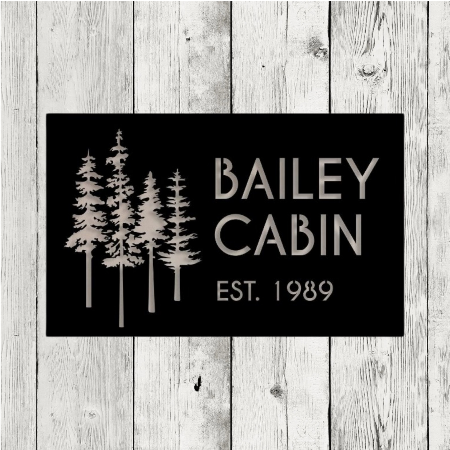 Personalized Metal Cabin Name Sign with Pine Trees – Custom Rustic Outdoor Decor