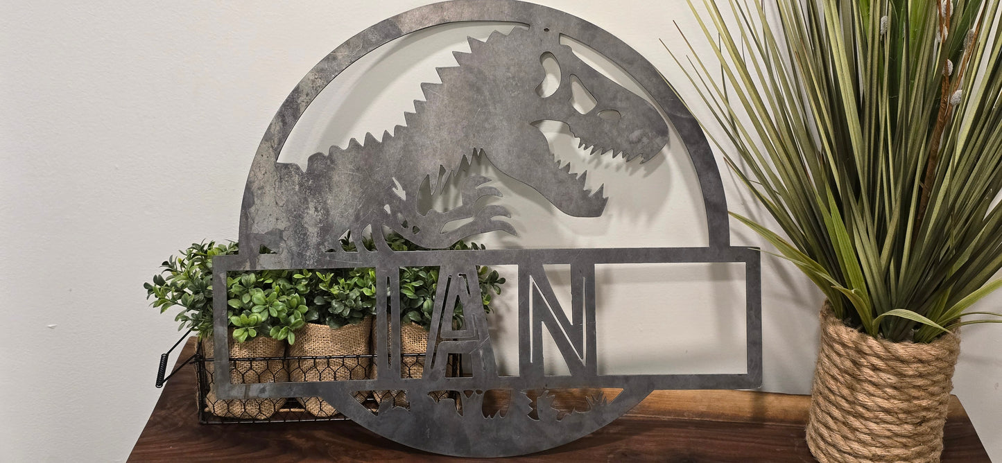 Custom Jurassic Park Dinosaur Name Sign – Personalized Metal Wall Art for Kids, Bedroom, or Nursery