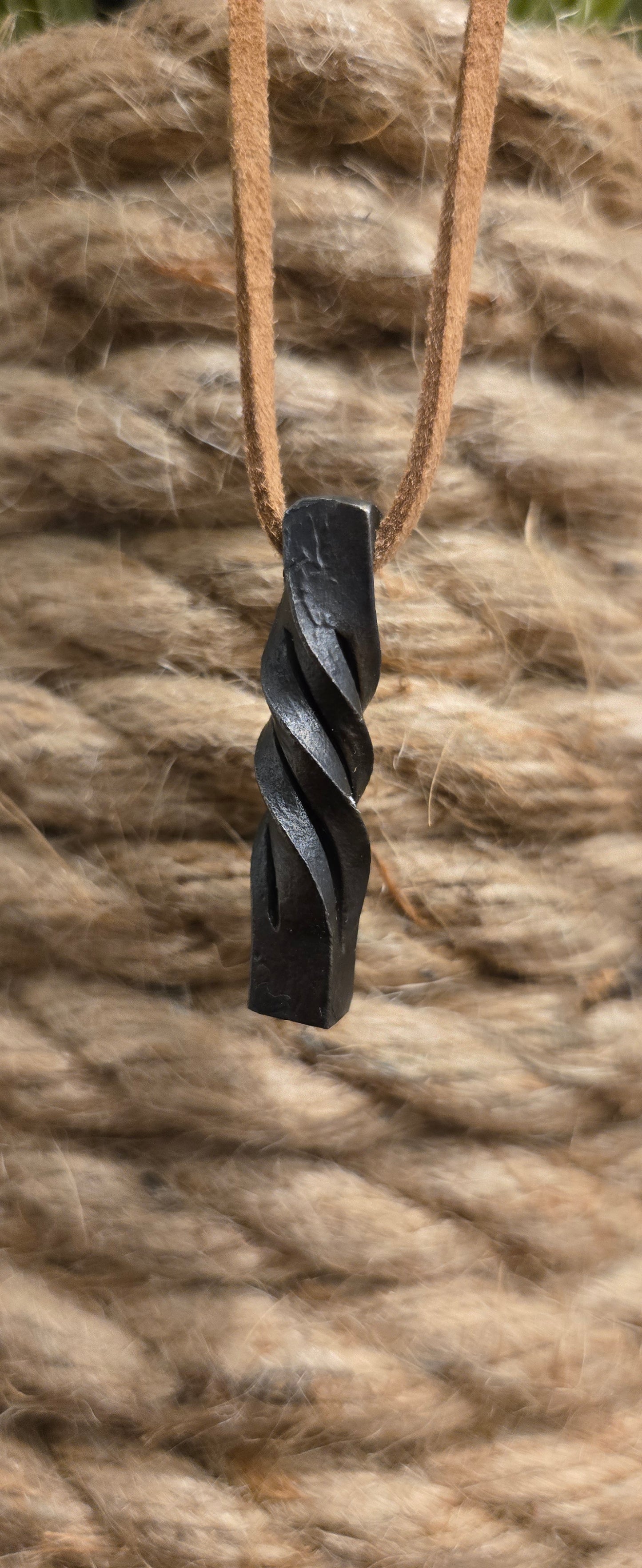 Hand-Forged Twisted Steel Pendant Necklace – Rustic Blacksmith Jewelry with Leather Cord