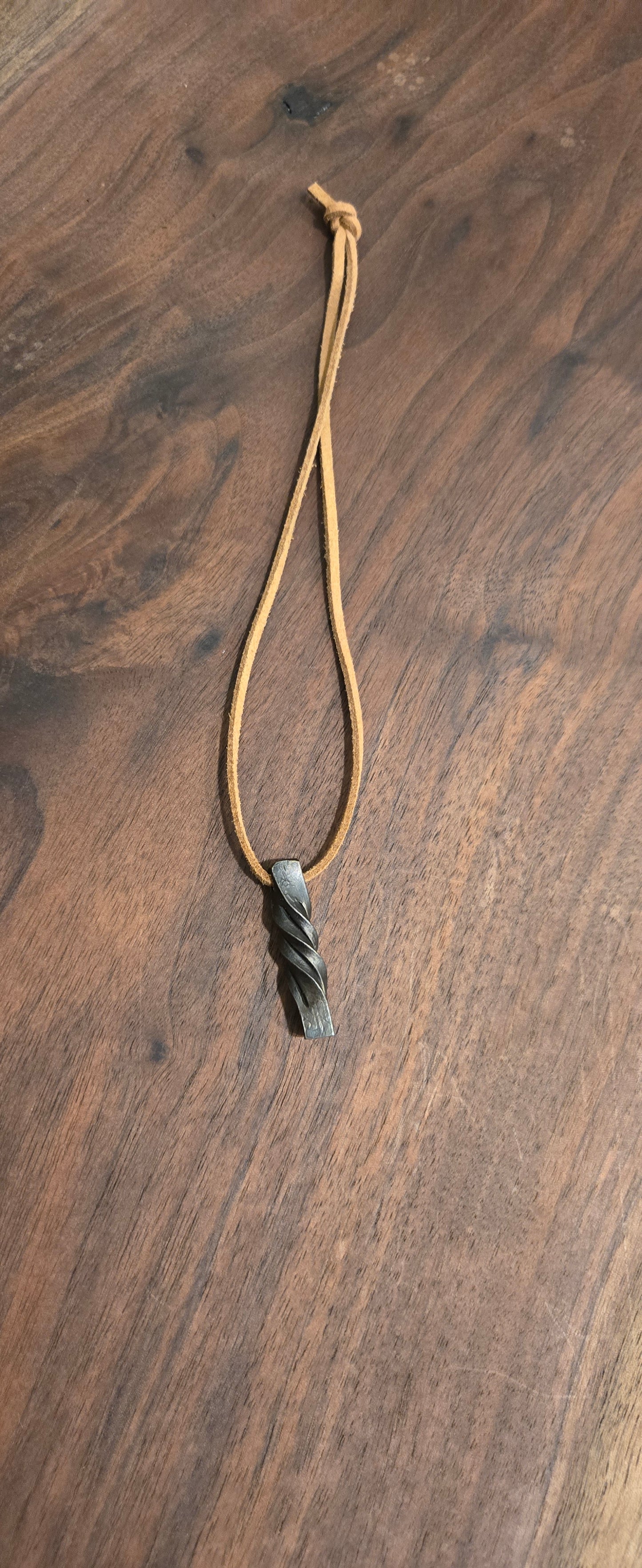 Hand-Forged Twisted Steel Pendant Necklace – Rustic Blacksmith Jewelry with Leather Cord
