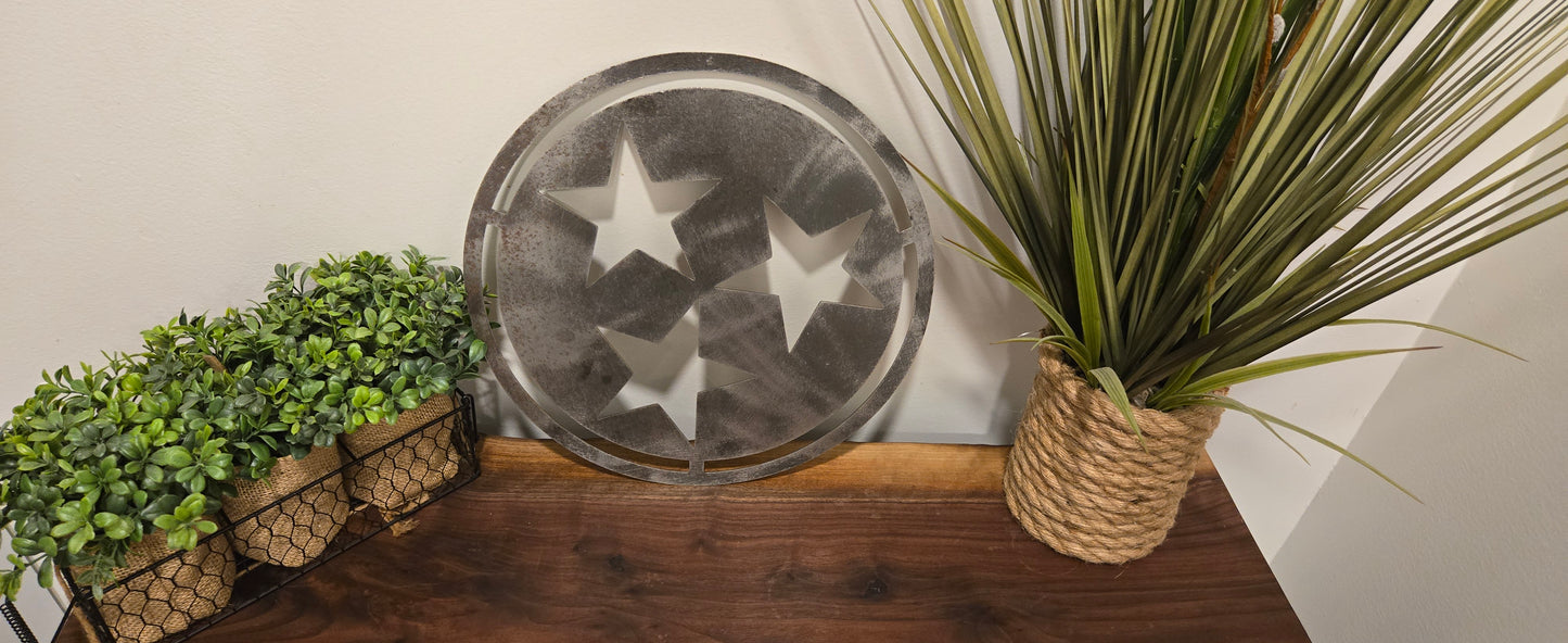 Tennessee Tri-Star Metal Wall Art – Handmade State Flag Sign for Home, Office, or Gift