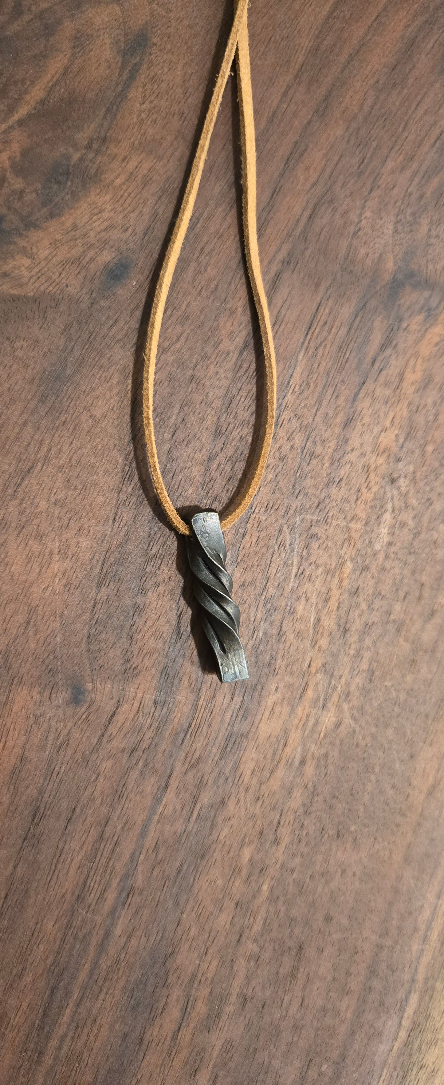 Hand-Forged Twisted Steel Pendant Necklace – Rustic Blacksmith Jewelry with Leather Cord