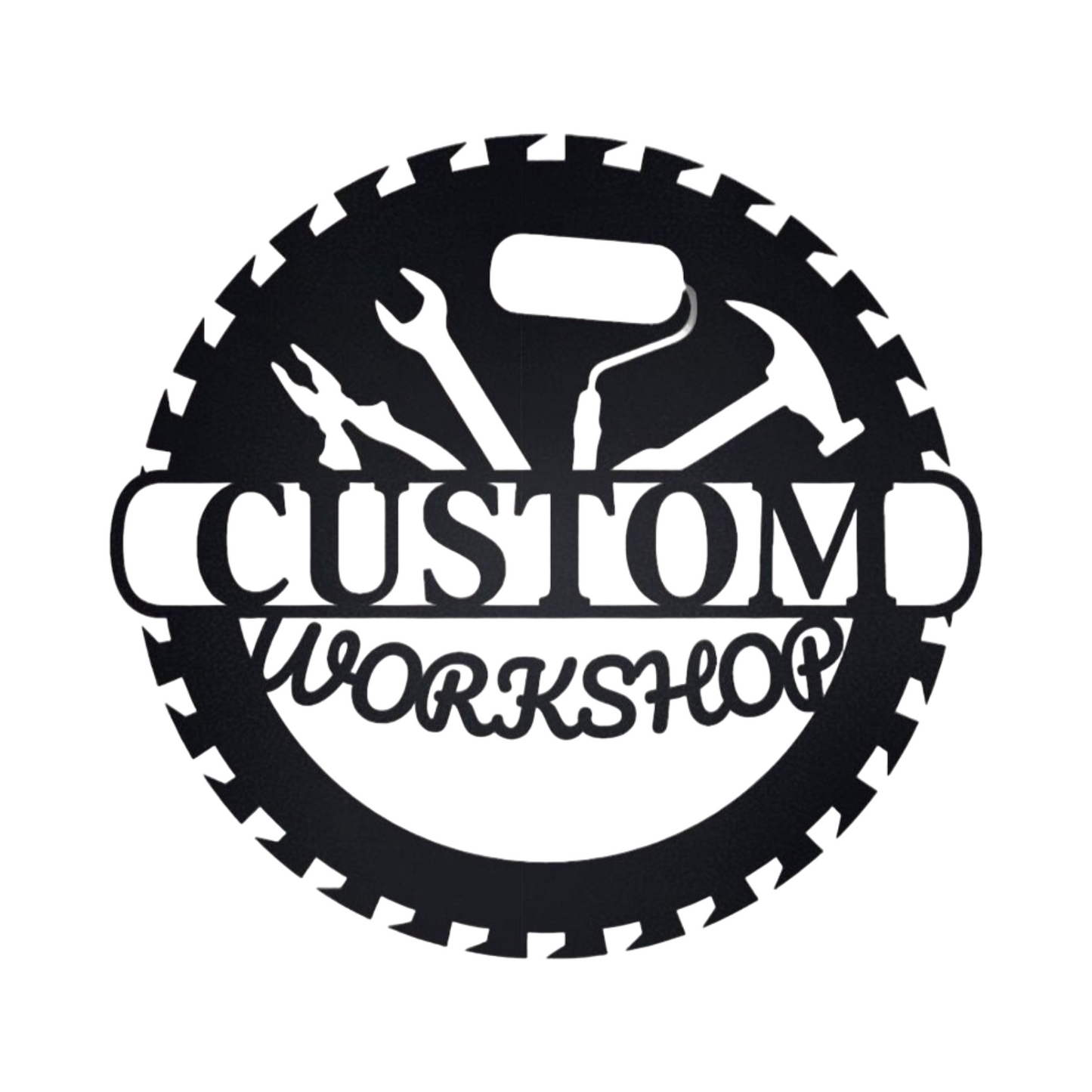 Custom Metal Sawblade Shop Sign – Personalized Tool Outline Wall Art, Garage or Workshop Decor, Father’s Day or Handyman Gift