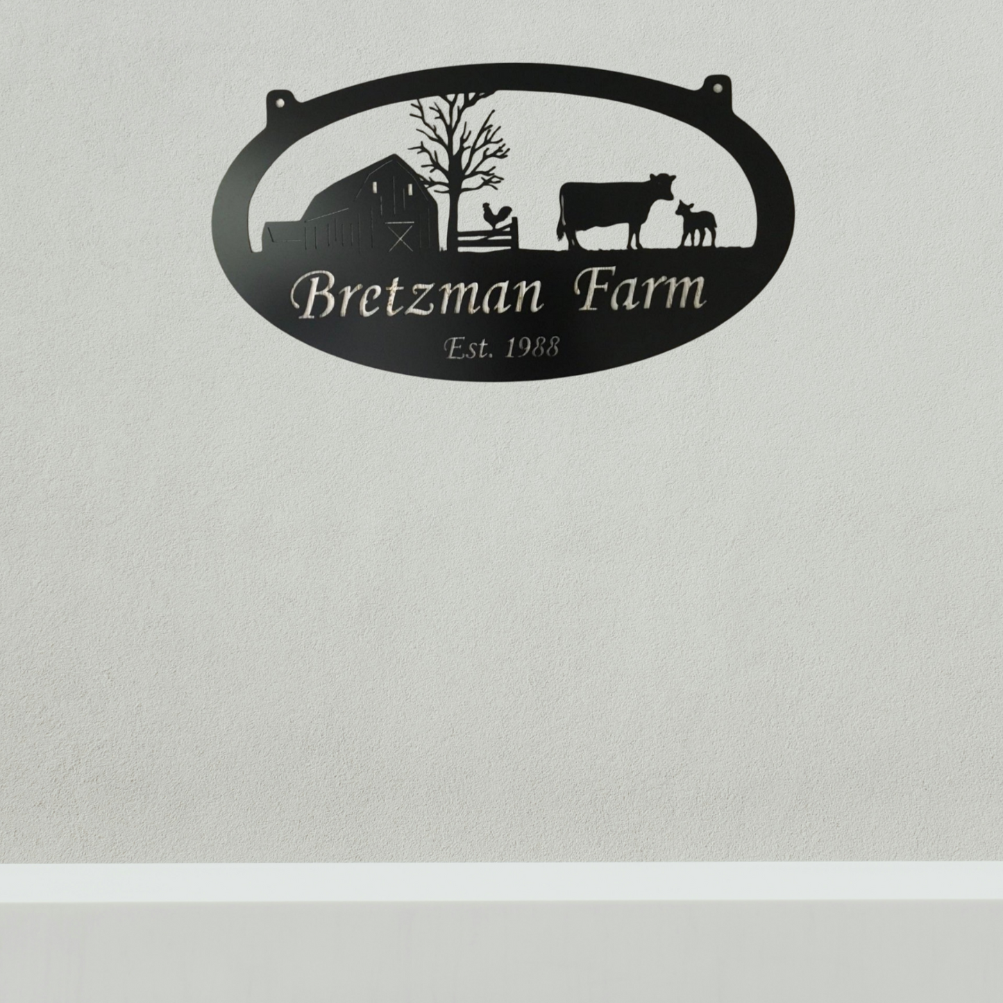 Custom Farmhouse Metal Sign – Oval Barn & Livestock Scene with Personalized Name – Outdoor Farm Decor