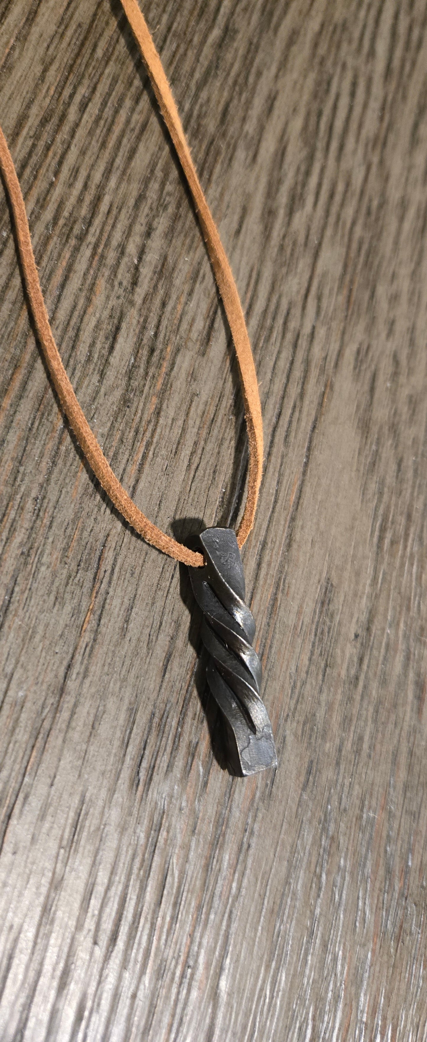 Hand-Forged Twisted Steel Pendant Necklace – Rustic Blacksmith Jewelry with Leather Cord