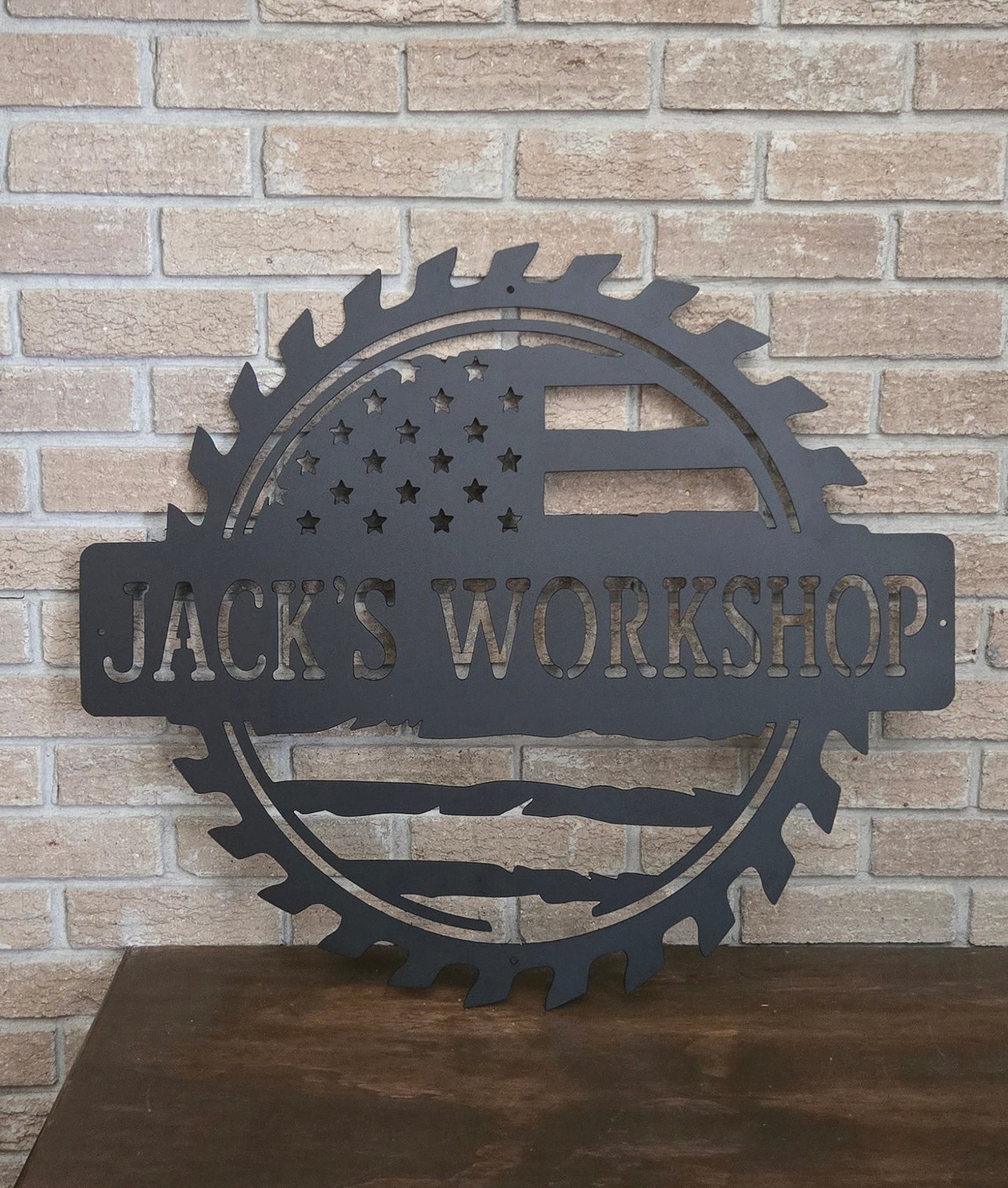 Custom American Flag Metal Workshop Sign – Personalized Name Shop Decor, Patriotic Garage Wall Art