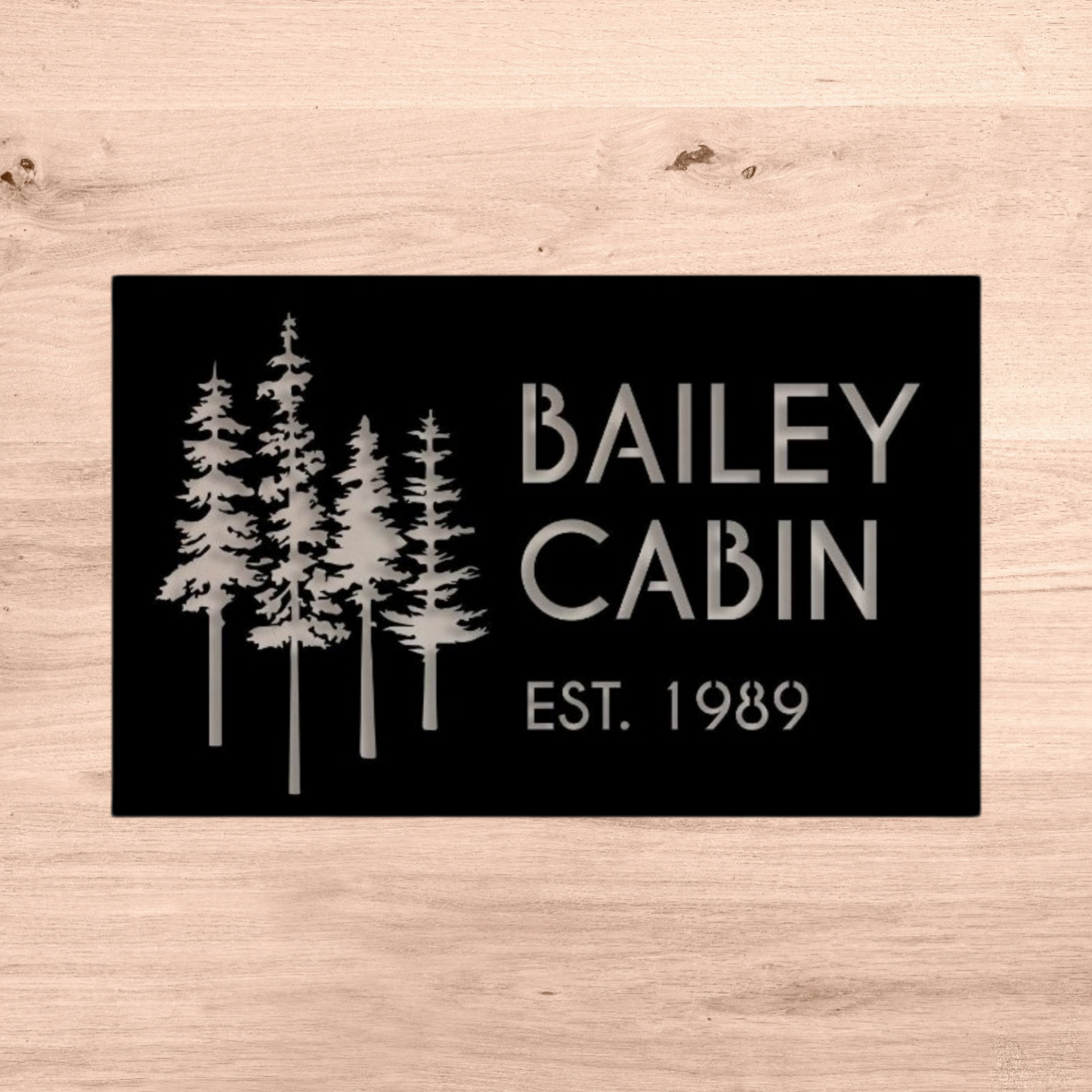 Personalized Metal Cabin Name Sign with Pine Trees – Custom Rustic Outdoor Decor