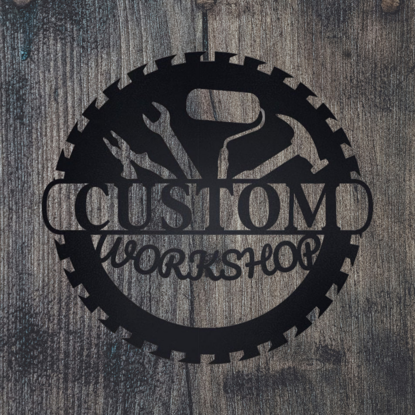 Custom Metal Sawblade Shop Sign – Personalized Tool Outline Wall Art, Garage or Workshop Decor, Father’s Day or Handyman Gift