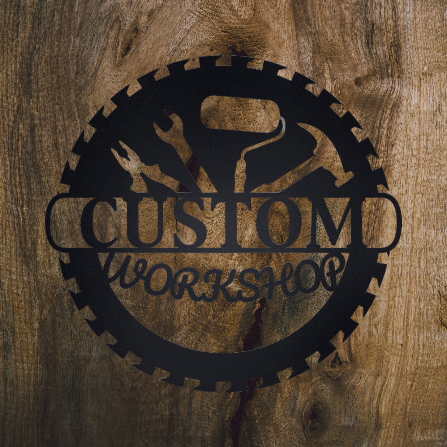 Custom Metal Sawblade Shop Sign – Personalized Tool Outline Wall Art, Garage or Workshop Decor, Father’s Day or Handyman Gift