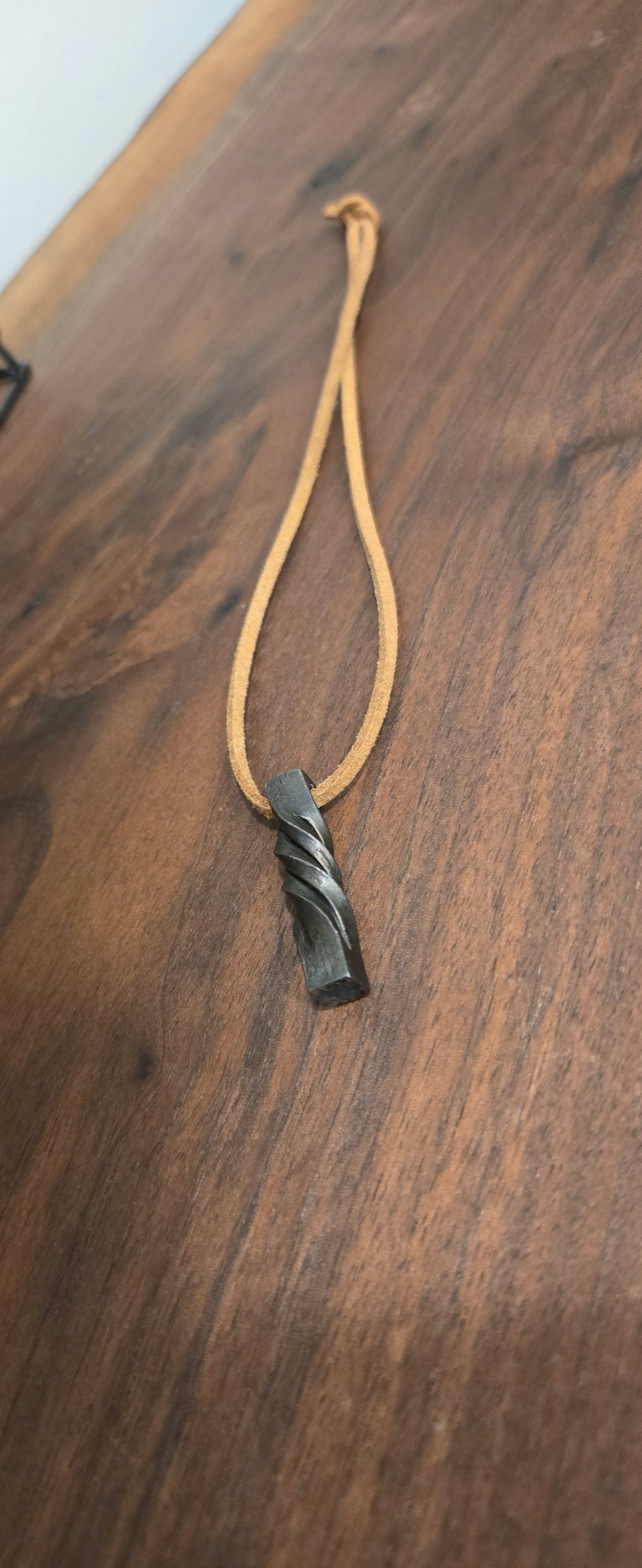 Hand-Forged Twisted Steel Pendant Necklace – Rustic Blacksmith Jewelry with Chiseled Twist Pendant and Leather Cord (D)