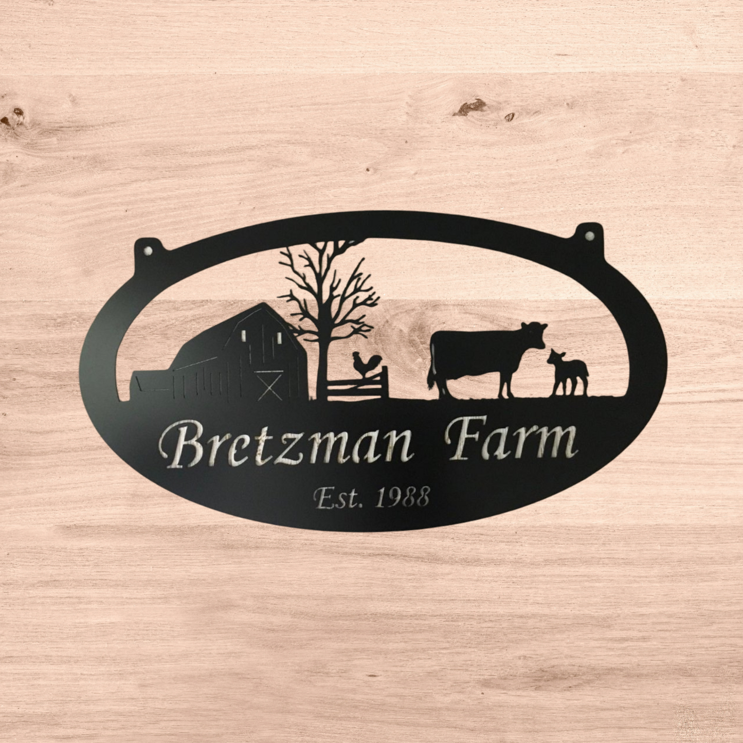 Custom Farmhouse Metal Sign – Oval Barn & Livestock Scene with Personalized Name – Outdoor Farm Decor