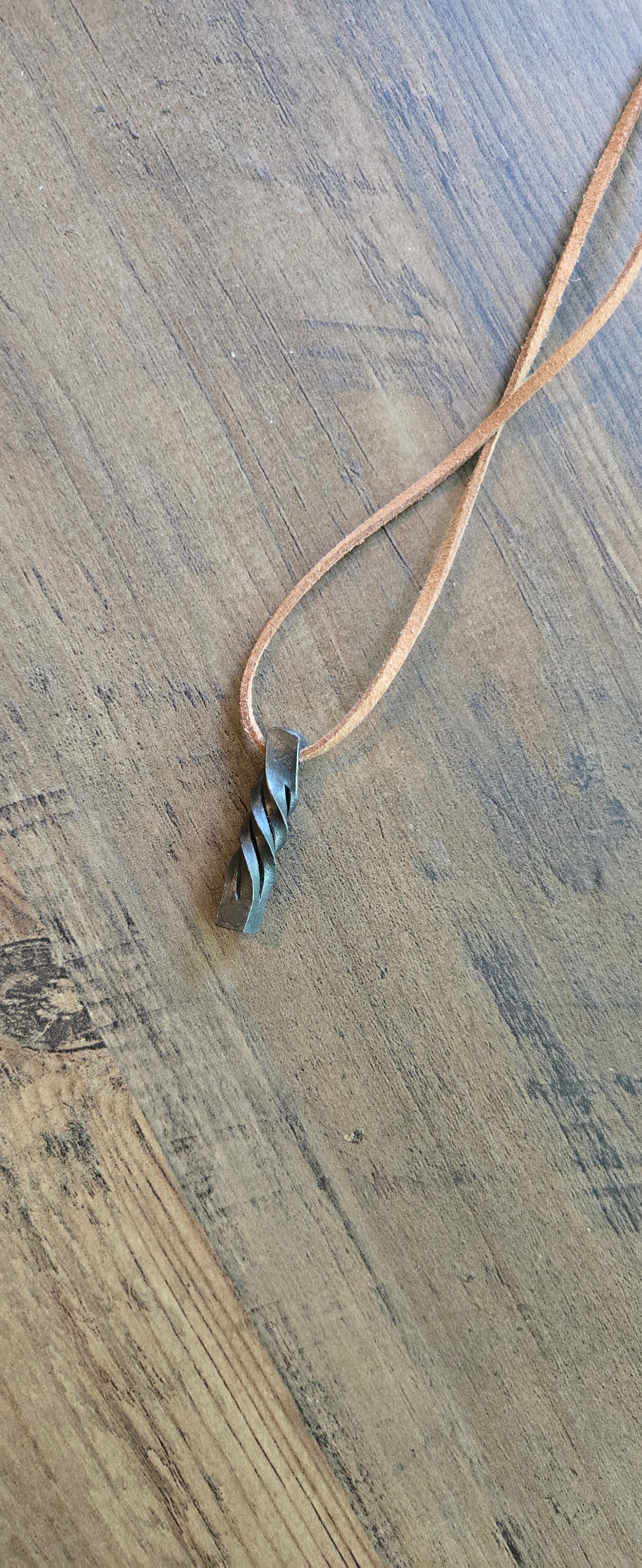Hand-Forged Twisted Steel Pendant Necklace – Rustic Blacksmith Jewelry with Leather Cord