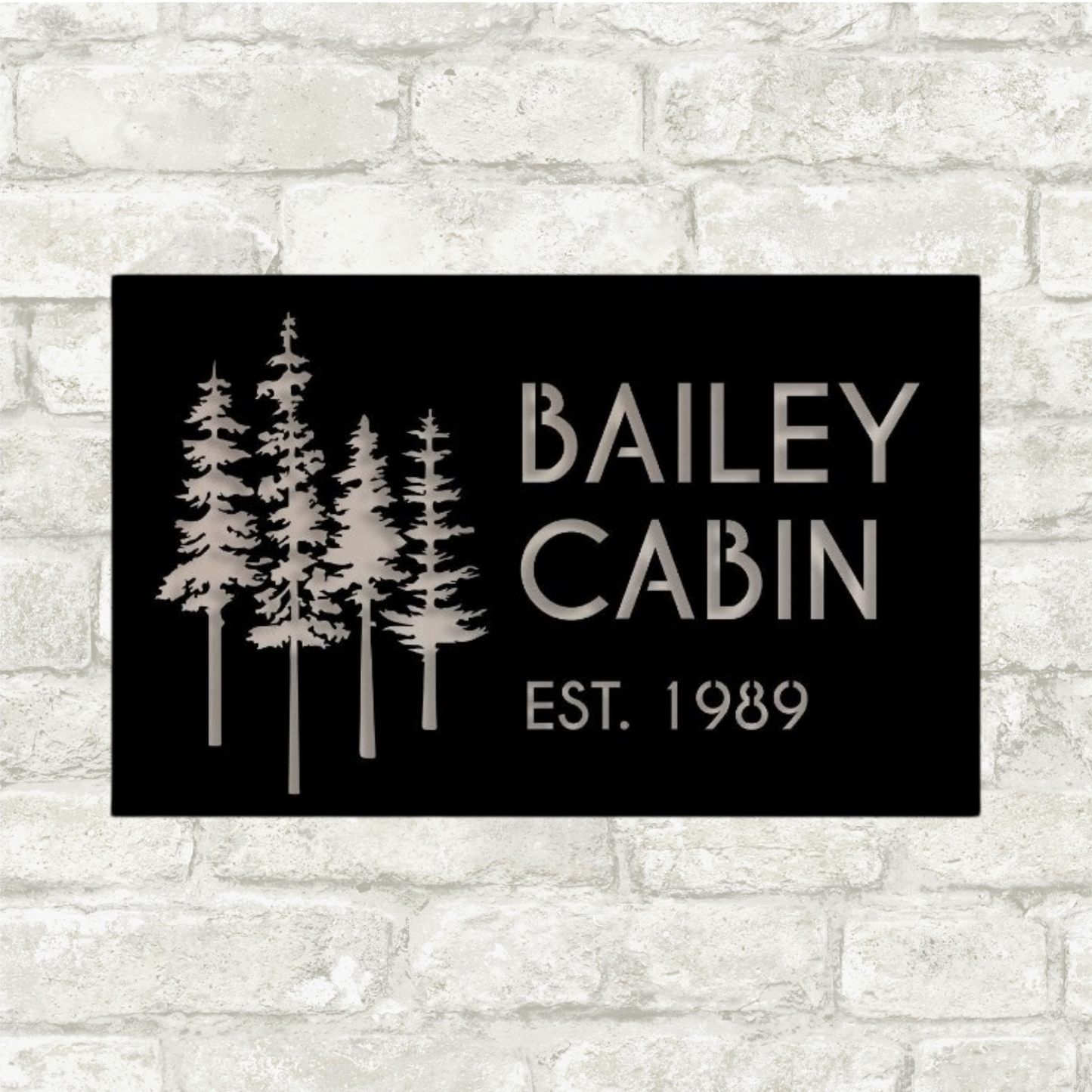 Personalized Metal Cabin Name Sign with Pine Trees – Custom Rustic Outdoor Decor