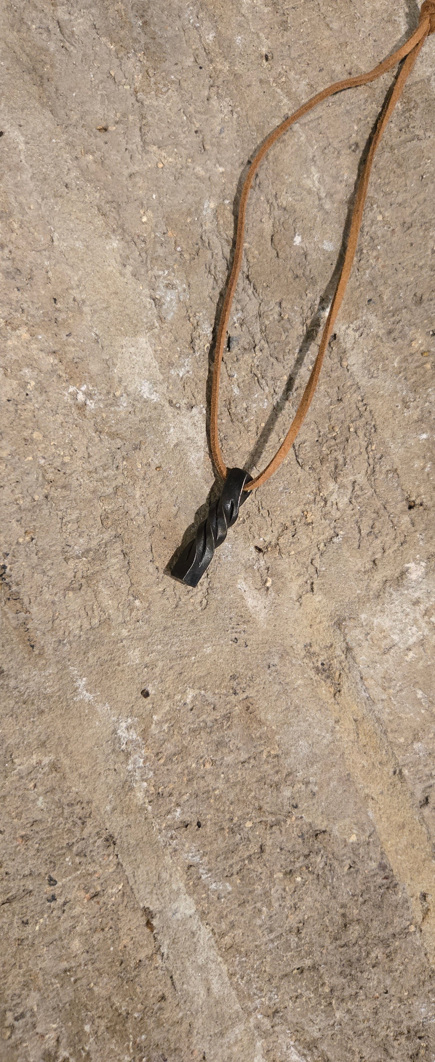 Hand-Forged Twisted Steel Pendant Necklace – Rustic Blacksmith Jewelry with Leather Cord