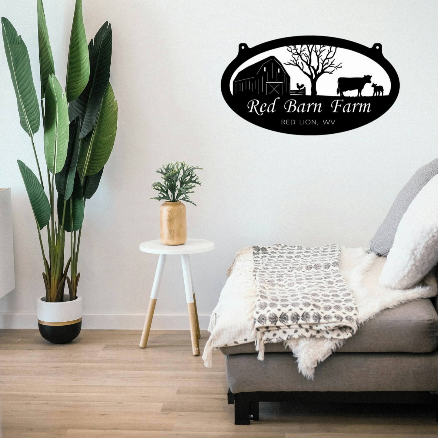 Custom Farmhouse Metal Sign – Oval Barn & Livestock Scene with Personalized Name – Outdoor Farm Decor