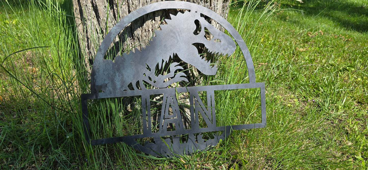 Custom Jurassic Park Dinosaur Name Sign – Personalized Metal Wall Art for Kids, Bedroom, or Nursery