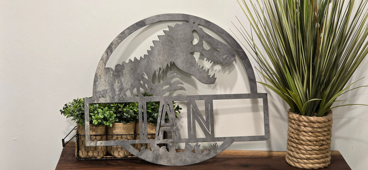 Custom Jurassic Park Dinosaur Name Sign – Personalized Metal Wall Art for Kids, Bedroom, or Nursery