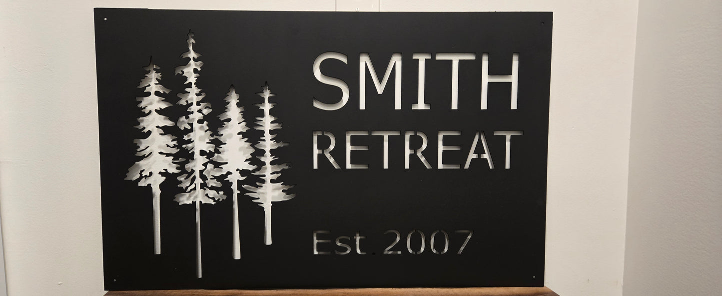 Personalized Metal Cabin Name Sign with Pine Trees – Custom Rustic Outdoor Decor