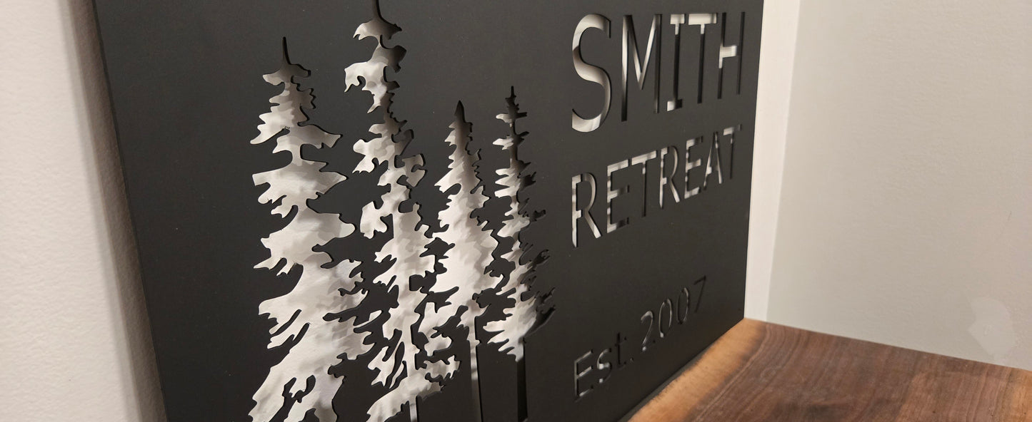 Personalized Metal Cabin Name Sign with Pine Trees – Custom Rustic Outdoor Decor