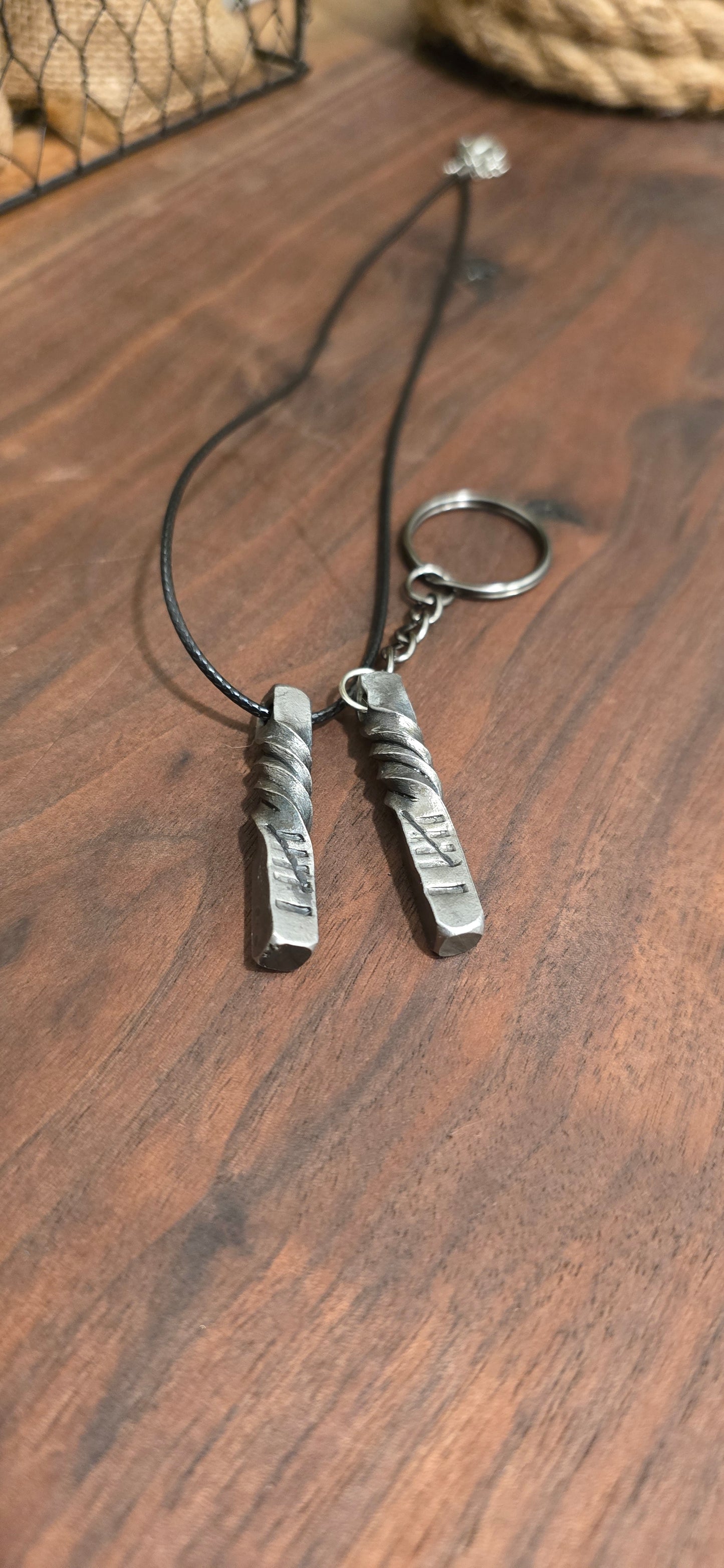 His and Hers 6th Anniversary Gift | Pendant Necklace and Keychain | Hand Forged Steel Twist, 6 Hash Marks