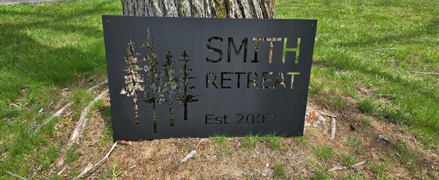Personalized Metal Cabin Name Sign with Pine Trees – Custom Rustic Outdoor Decor