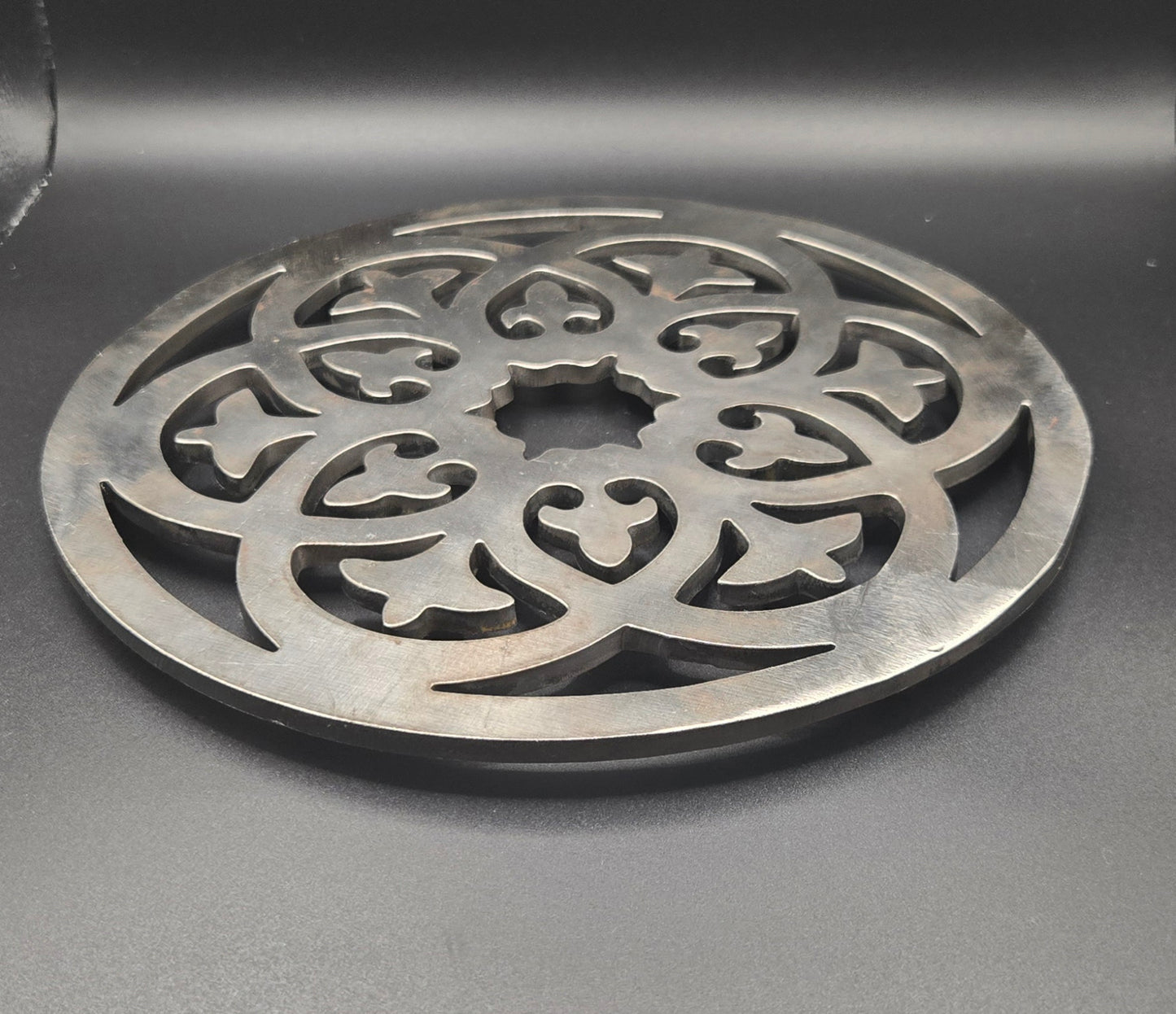 Handcrafted Metal Trivet – CNC Cut Steel Decorative Hot Plate, Rustic Table Protector, Gothic Floral Pattern, Industrial Kitchen Décor, Made in USA