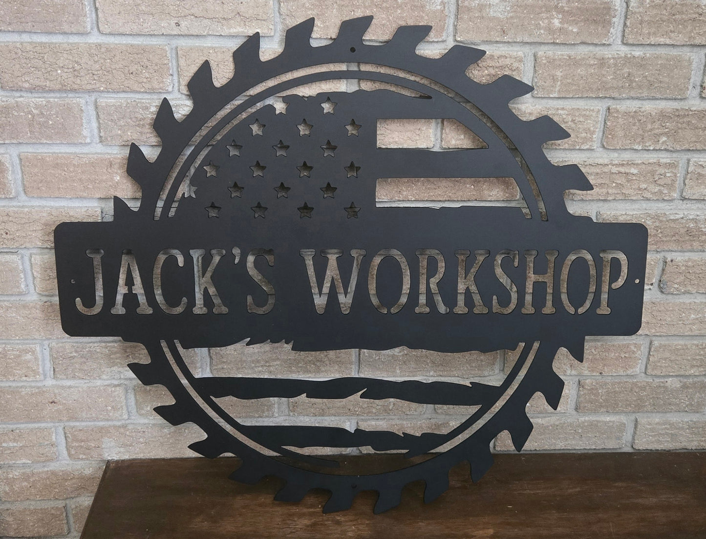 Custom American Flag Metal Workshop Sign – Personalized Name Shop Decor, Patriotic Garage Wall Art