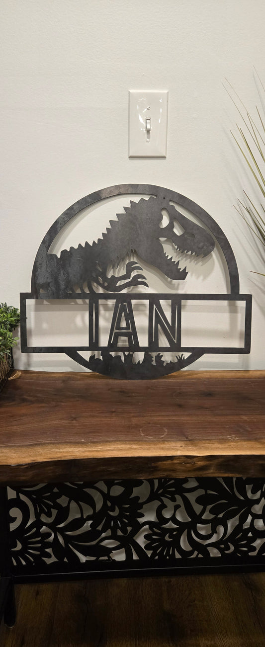 Custom Jurassic Park Dinosaur Name Sign – Personalized Metal Wall Art for Kids, Bedroom, or Nursery