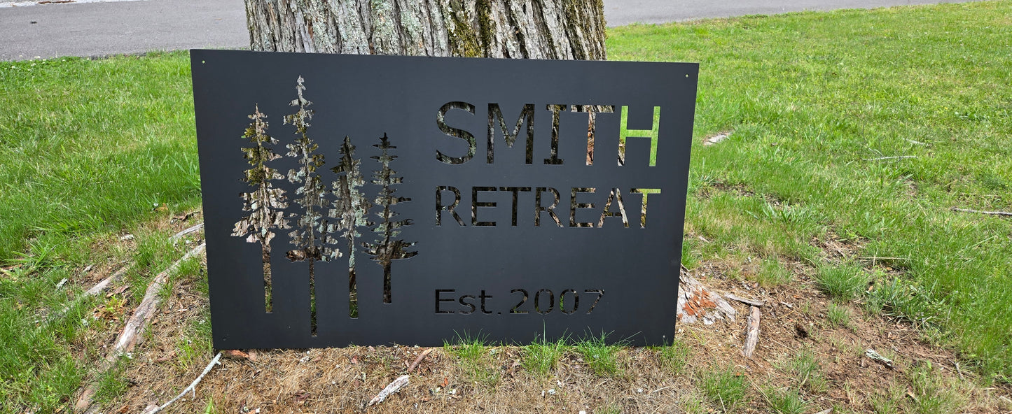 Personalized Metal Cabin Name Sign with Pine Trees – Custom Rustic Outdoor Decor