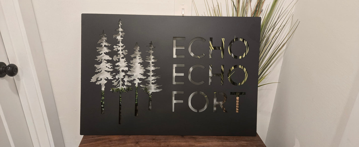 Personalized Metal Cabin Name Sign with Pine Trees – Custom Rustic Outdoor Decor