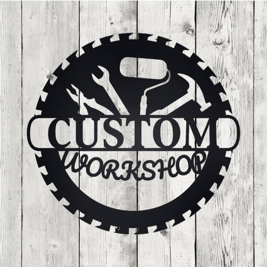 Custom Metal Sawblade Shop Sign – Personalized Tool Outline Wall Art, Garage or Workshop Decor, Father’s Day or Handyman Gift