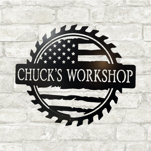 Custom American Flag Metal Workshop Sign – Personalized Name Shop Decor, Patriotic Garage Wall Art