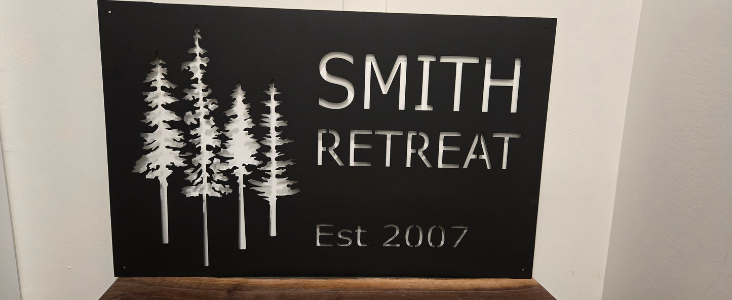 Personalized Metal Cabin Name Sign with Pine Trees – Custom Rustic Outdoor Decor