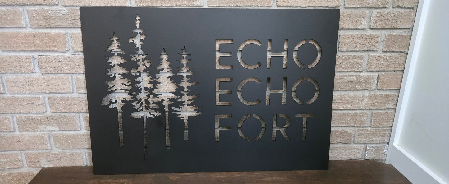 Personalized Metal Cabin Name Sign with Pine Trees – Custom Rustic Outdoor Decor
