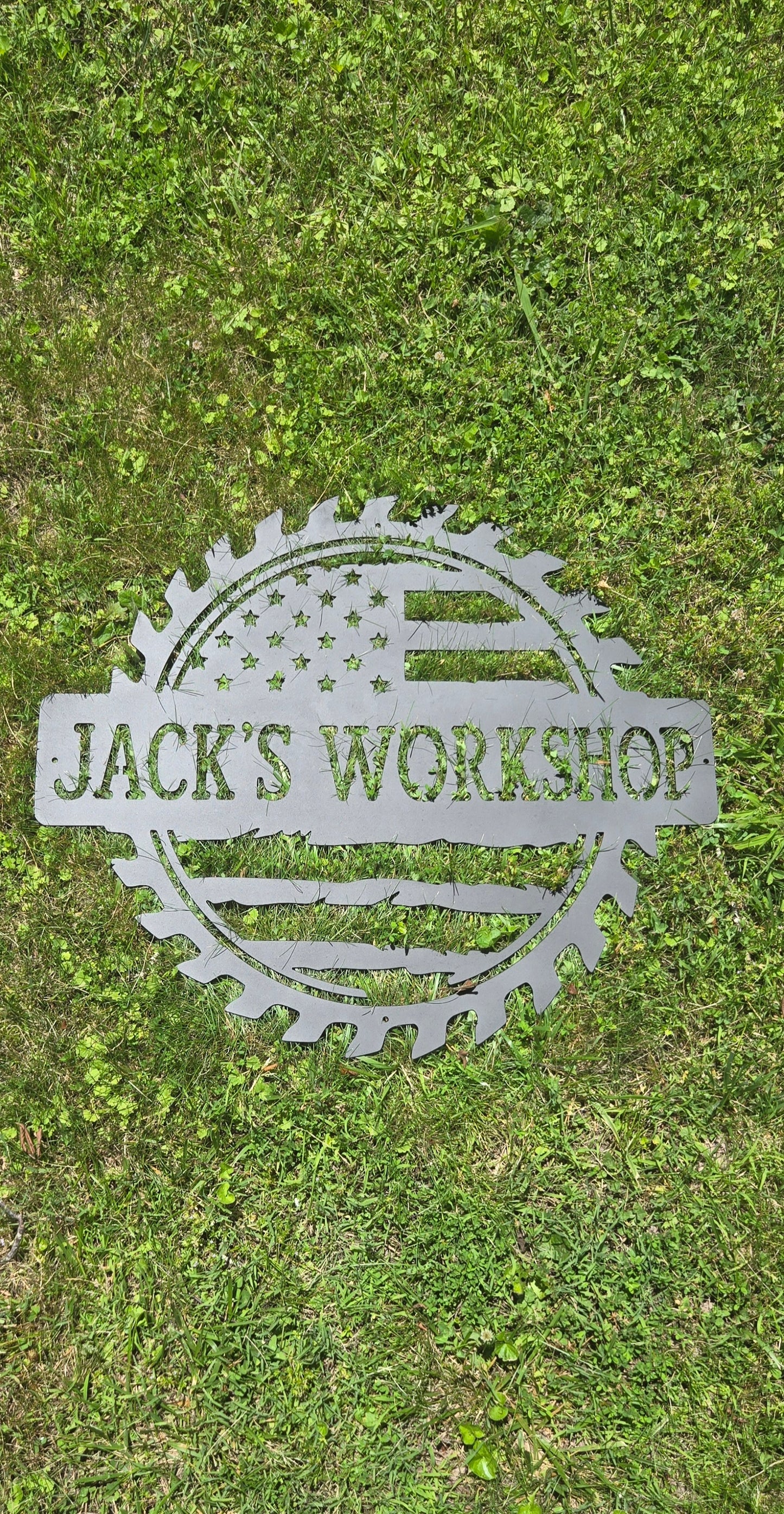 Custom American Flag Metal Workshop Sign – Personalized Name Shop Decor, Patriotic Garage Wall Art