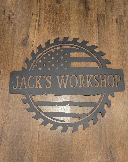 Custom American Flag Metal Workshop Sign – Personalized Name Shop Decor, Patriotic Garage Wall Art