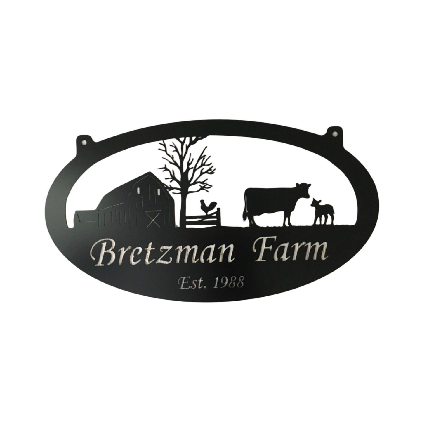 Custom Farmhouse Metal Sign – Oval Barn & Livestock Scene with Personalized Name – Outdoor Farm Decor