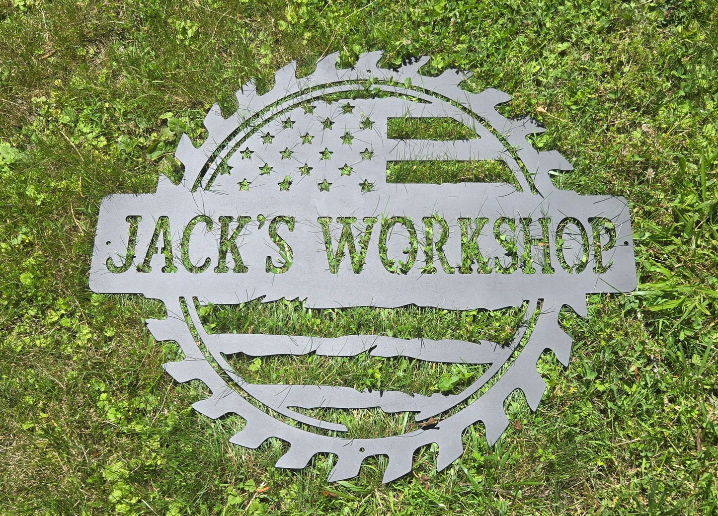 Custom American Flag Metal Workshop Sign – Personalized Name Shop Decor, Patriotic Garage Wall Art
