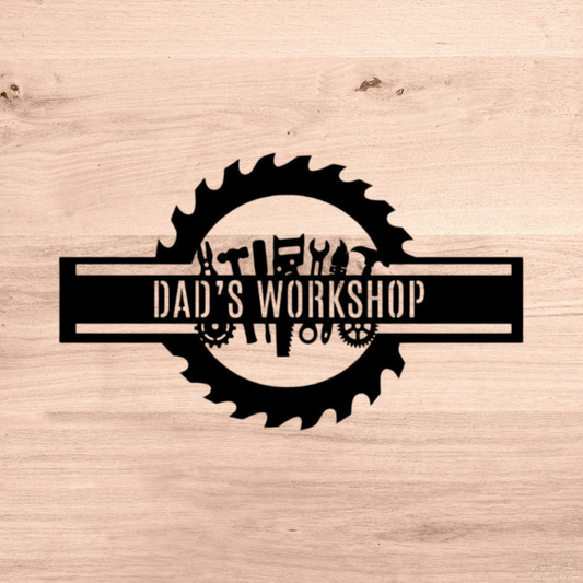 Custom Metal Workshop Sign – Personalized Saw Blade Design for Dad’s Garage or Man Cave