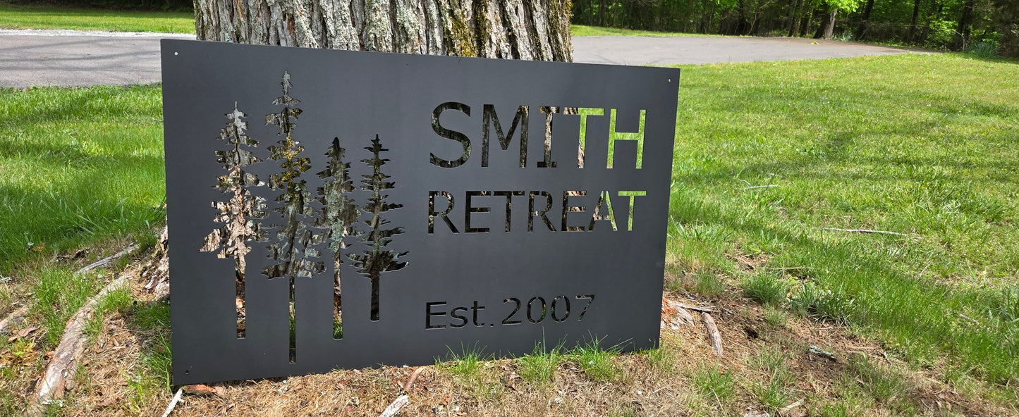 Personalized Metal Cabin Name Sign with Pine Trees – Custom Rustic Outdoor Decor
