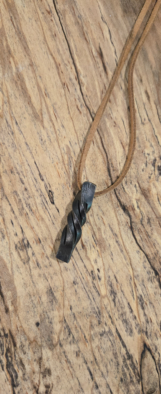 Hand-Forged Twisted Steel Pendant Necklace – Rustic Blacksmith Jewelry with Leather Cord