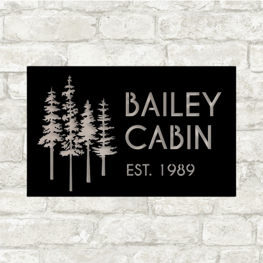 Personalized Metal Cabin Name Sign with Pine Trees – Custom Rustic Outdoor Decor