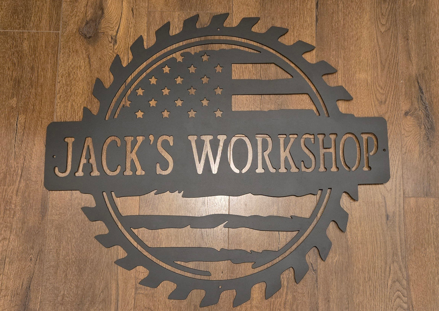 Custom American Flag Metal Workshop Sign – Personalized Name Shop Decor, Patriotic Garage Wall Art