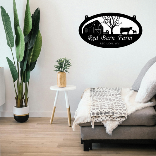 Custom Farmhouse Metal Sign – Oval Barn & Livestock Scene with Personalized Name – Outdoor Farm Decor