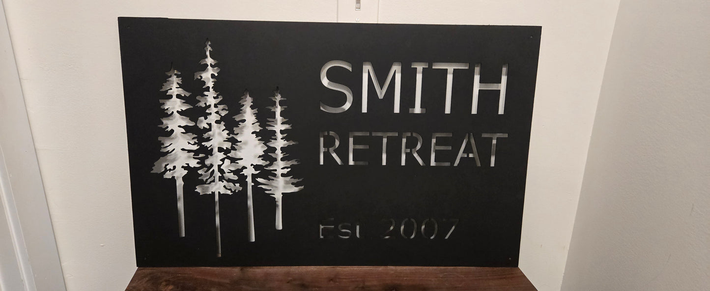 Personalized Metal Cabin Name Sign with Pine Trees – Custom Rustic Outdoor Decor