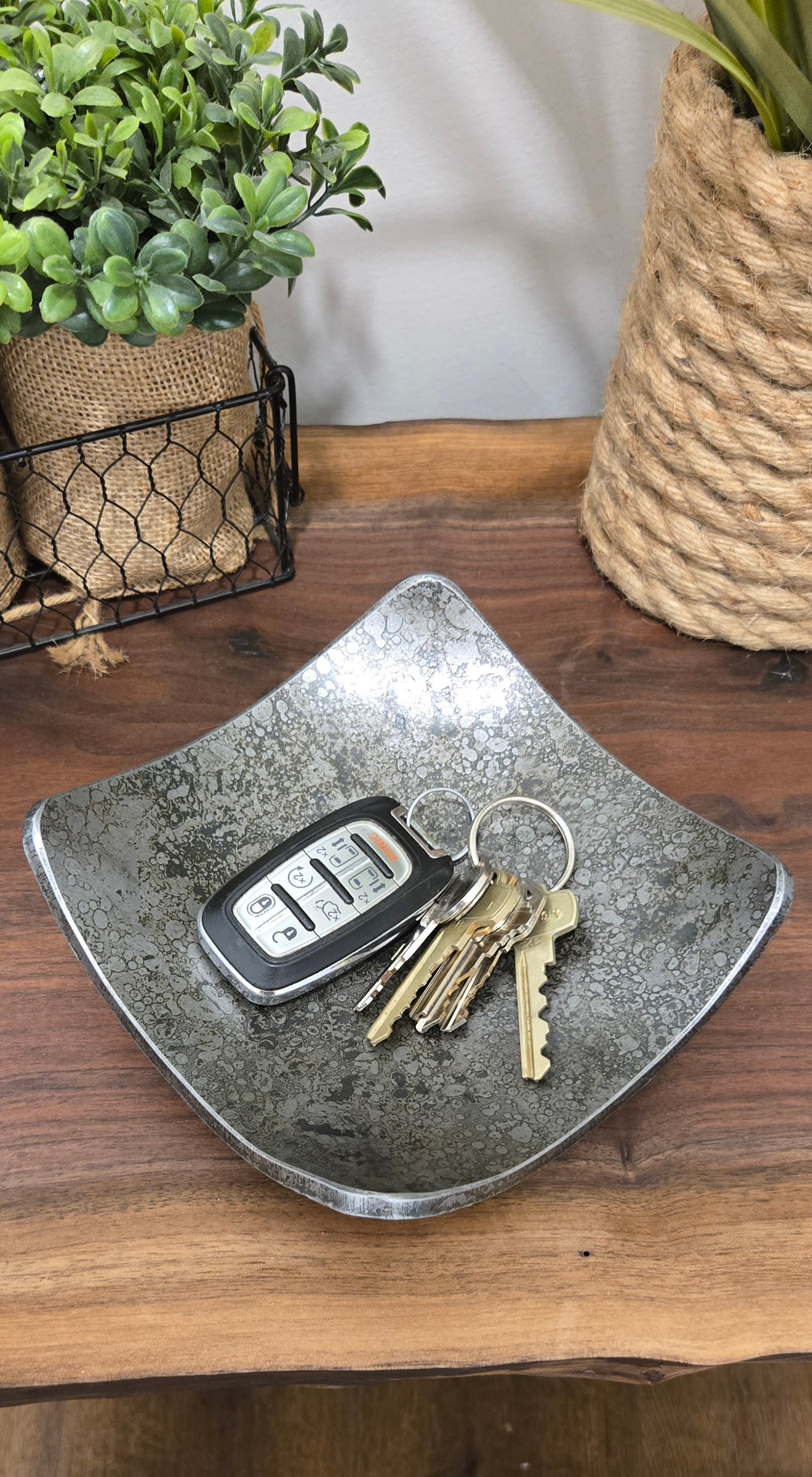 Square Hand-Forged Iron Key Bowl – Rustic Catchall Tray | Iron Anniversary Gift for Him or Her | Industrial Home Accent