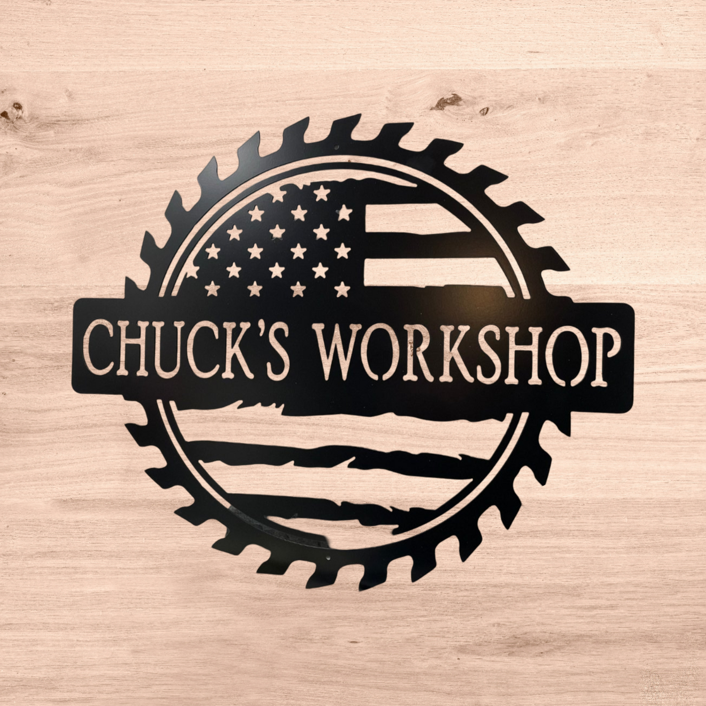 Custom American Flag Metal Workshop Sign – Personalized Name Shop Decor, Patriotic Garage Wall Art