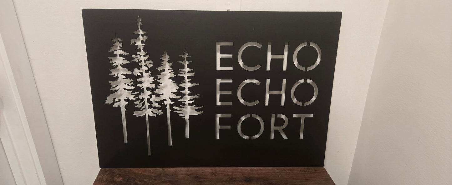 Personalized Metal Cabin Name Sign with Pine Trees – Custom Rustic Outdoor Decor